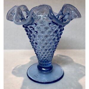 Fenton hobnail ruffled opalescent rim fluted glass vase blue 3-3/4"